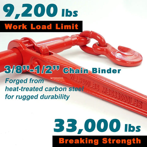 Heavy Duty 3/8 to 1/2 Inch Grade 70 Transport Chain Set With Binders close-up of red chain binder and hook, 9200 lbs WLL, 33000 lbs breaking strength.