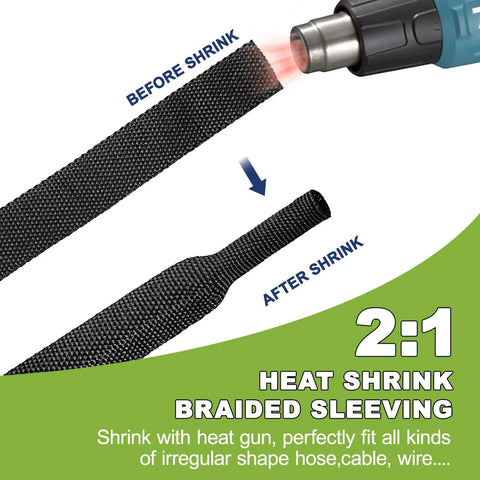 2 To 1 Shrink Ratio Heat Shrink Wire Loom Braided Cable Sleeves Before and After Shrink with Heat Gun