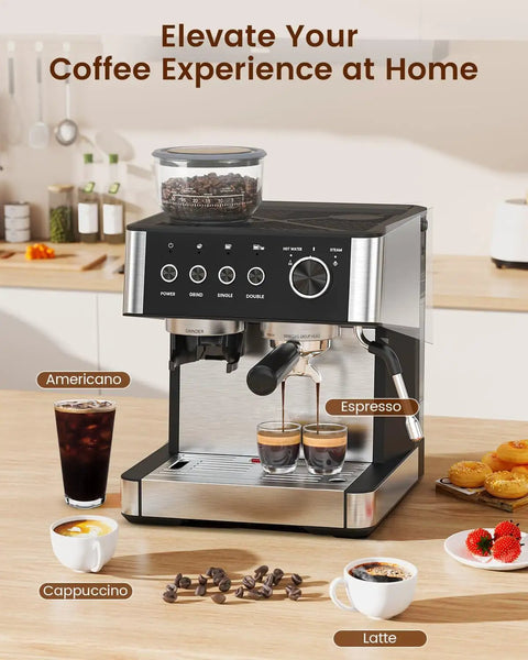 Espresso Machine With Built In Grinder For Home Barista Vibe, 15 Bar Pump, Milk Frother Steam Wand on kitchen counter