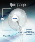 16 Inch Oscillating Wall Mount Fan With 3 Quiet Speeds Space Saving White Corded Air Cooling Unit For Homes Garages Gyms Workshops Greenhouses Easy Pull Cord Controls And Strong Airflow displayed against a blue background.