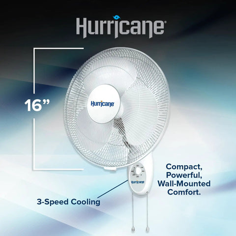 16 Inch Oscillating Wall Mount Fan With 3 Quiet Speeds Space Saving White Corded Air Cooling Unit For Homes Garages Gyms Workshops Greenhouses Easy Pull Cord Controls And Strong Airflow displayed against a blue background.
