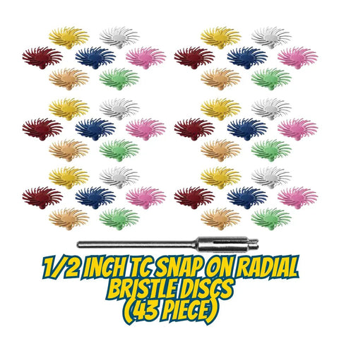 Half Inch TC Snap-On Radial Bristle Discs Set With Thermoplastic Construction For Precision Rotary Cleaning And Polishing, Assorted 7 Grit Textures, Six Of Each, Includes 5431 Mandrel, 43 Piece Kit. Image of multicolored bristle discs and mandrel.