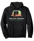 Black Pullover Hoodie Featuring Bold Hindi Bollywood and Punjabi Desi Graphics Classic Fit Heavyweight Cotton Streetwear Lowkey Obsessed with Twill Taped Neck for Daily Wear with rickshaw graphic.