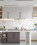 Modern kitchen with marble countertop and cabinets fitted with Matte Black 12.6 Inch Kitchen Cabinet Handles 10 Pack Cabinet Pulls For Cupboard And Drawer Doors, Modern Metal Hardware For Home Renovation, Durable Easy Install, Asidrama Quality.