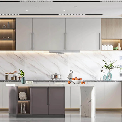Modern kitchen with marble countertop and cabinets fitted with Matte Black 12.6 Inch Kitchen Cabinet Handles 10 Pack Cabinet Pulls For Cupboard And Drawer Doors, Modern Metal Hardware For Home Renovation, Durable Easy Install, Asidrama Quality.
