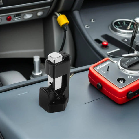 Heavy Duty Hammer Lug Crimping Tool For Automotive Wiring And Industrial Projects on vehicle dashboard with tools nearby.