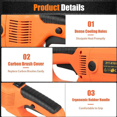 Dead Serious Pro Grade Electric Pipe Threader 2300W Copper Motor grip handle with cooling holes and carbon brush cover.