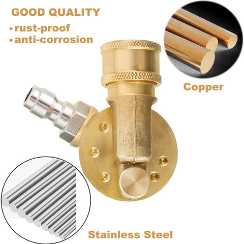 Brass radiator cleaning wand with quick-connect pivoting coupler for pressure washers; steel rods and copper tubes