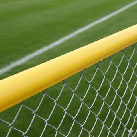 Premium Fence Topper 50 Ft Yellow Chain Link Fence Cover along a field, high viz UV resistant for safety and visibility