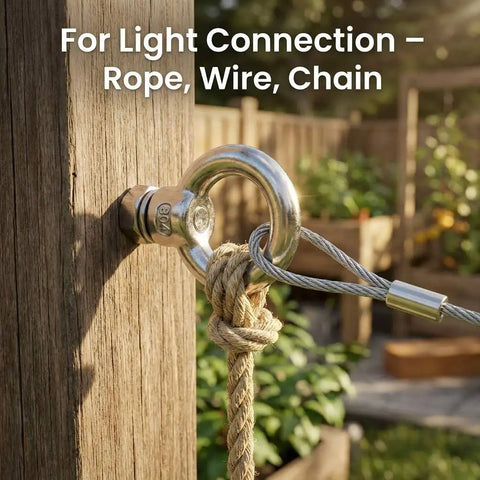 Stainless Steel Shoulder Eye Bolts One Quarter Inch By Two Inch, heavy-duty bolt securing rope and cable on a wood post