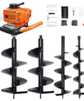 Beast 62cc Two-Stroke Gas Powered Post Hole Digger with 4, 6, 8, 12 inch auger bits and extensions displayed
