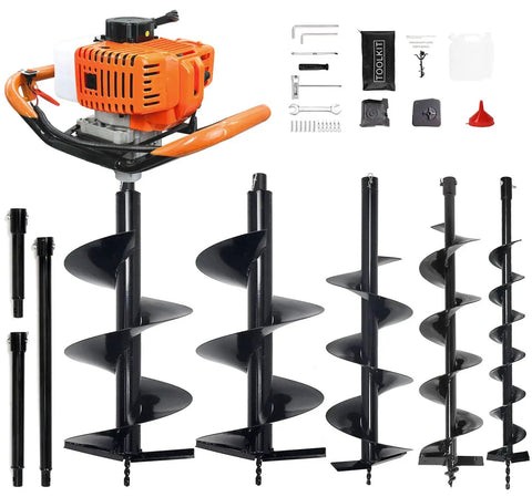 Beast 62cc Two-Stroke Gas Powered Post Hole Digger with 4, 6, 8, 12 inch auger bits and extensions displayed