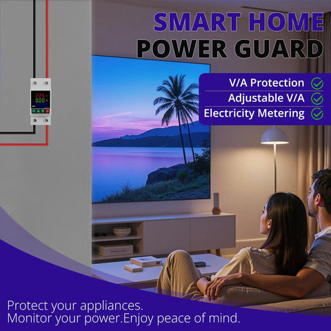 No Sweat 220V Adjustable Voltage Protector Smart Circuit Breaker displayed in a living room for surge protection.