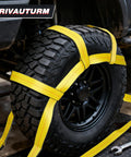 Car wheel secured with Basket Style Dolly Straps, 2 Pack for 14 to 19 Inch Wheels, Flat Hook Car Wheel Tie Down Straps, Heavy Duty 10,000 Lbs Breaking Strength