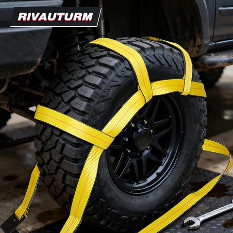Car wheel secured with Basket Style Dolly Straps, 2 Pack for 14 to 19 Inch Wheels, Flat Hook Car Wheel Tie Down Straps, Heavy Duty 10,000 Lbs Breaking Strength