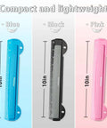Three 10-inch compact and lightweight hole punches in blue, black, and pink colors, suitable for office and school use.