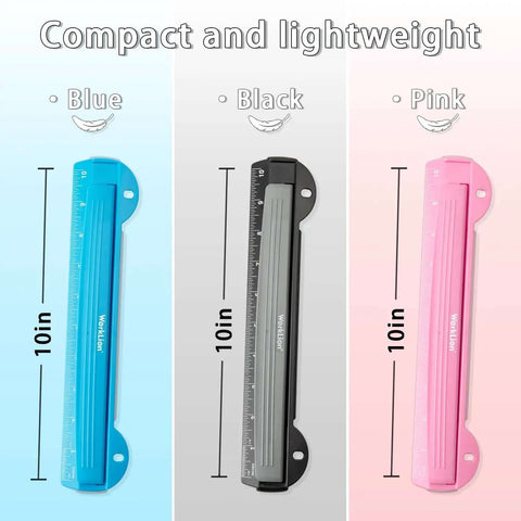 Three 10-inch compact and lightweight hole punches in blue, black, and pink colors, suitable for office and school use.