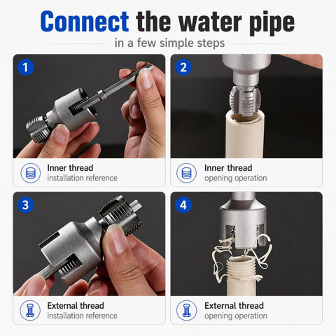 2-In-1 Pipe Threading Tool For PPR PVC Pipes Internal External Thread Cutter With Hex Shank Drill Adapter 1/0.75/1 Inch Die Heads steps for connecting water pipe
