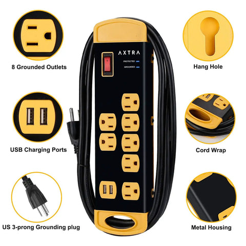 Beefy Built Metal Surge Protector Power Strip With Eight Outlets And USB Ports Nine Foot Long Extension Cord 1800 Joules 15A 125V