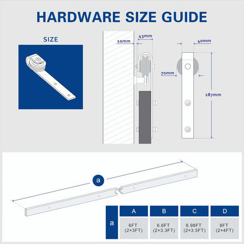 Hardware size guide for 6Ft Sliding Barn Door Hardware Kit With Satin Nickel Track And Rollers, dimensions and rail lengths.