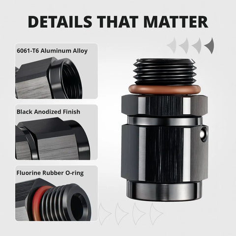 6AN Female Flare Swivel To 6AN ORB Male Adapter For Fuel Rail Fittings, black 6061-T6 aluminum CNC-machined with O-ring seal