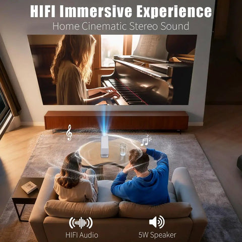 Couple enjoying movie with 4K Supported Mini Projector With WiFi And Bluetooth For Home Theater And On The Go.