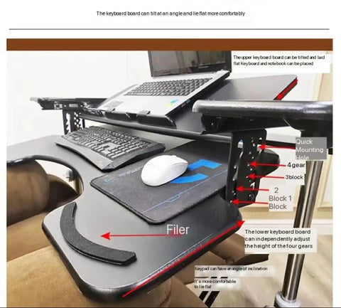 Sleek Gaming Cockpit Desk Featuring Clutch Adjustable Lift Bracket And Rollable Wheels For A Clean Computer Setup with tilted keyboard board.