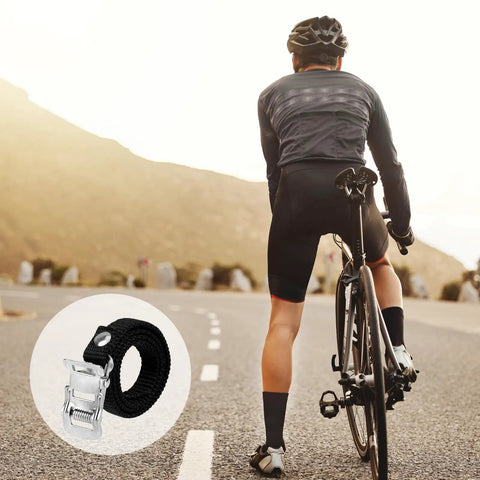 Cyclist on road with 4 Pack Universal Bike Pedal Straps Set For Bicycles And Spin Bikes inset, durable grip, secure fit