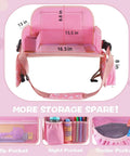 Kids Travel Tray for Car Seat with Ipad Holder and Dry Erase Board Toddler Lap Desk for Road Trips Portable Car Tray with Snack Surface and Activity Tabs Pink showing dimensions and storage pockets.