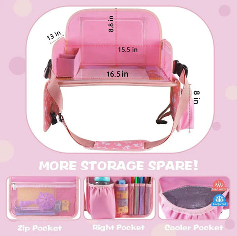 Kids Travel Tray for Car Seat with Ipad Holder and Dry Erase Board Toddler Lap Desk for Road Trips Portable Car Tray with Snack Surface and Activity Tabs Pink showing dimensions and storage pockets.