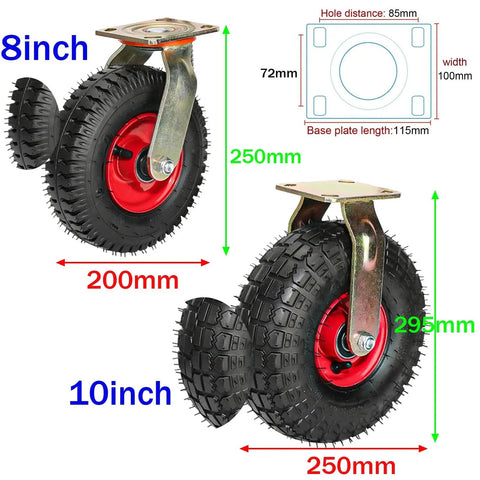 2 Pack Heavy Duty Rubber Trolley Castors With Smooth Rollin Pneumatic Air Caster Wheels And Secure Brake Lock Swivel Action with 8 inch and 10 inch wheels.