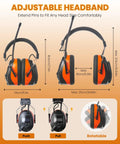 Bluetooth Hearing Protection Headphones With AM FM Radio 25dB NRR Rechargeable showing adjustable headband and dimensions.