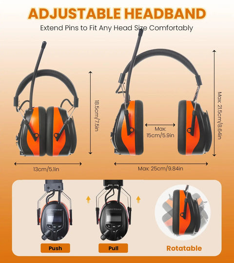 Bluetooth Hearing Protection Headphones With AM FM Radio 25dB NRR Rechargeable showing adjustable headband and dimensions.