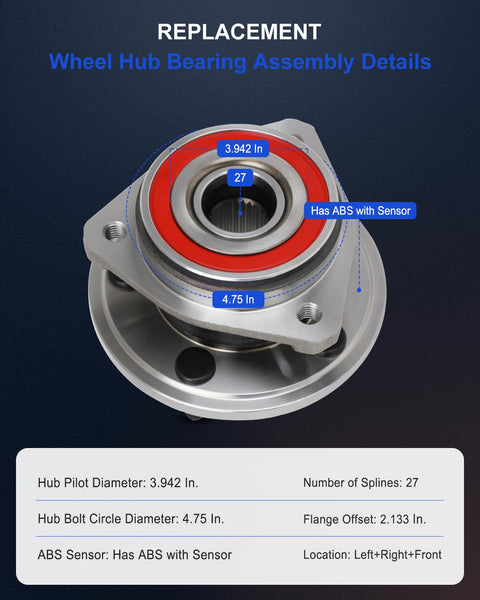 Front view of Front Wheel Bearing Hub Assembly 513084 Fits Jeep Cherokee 1990 To 1999 Grand Cherokee 1993 To 1998, with ABS sensor.