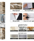 Product display showing Extra Wide 36 Inch By 160 Inch Light Emperador Marble Contact Paper with peel and stick feature.