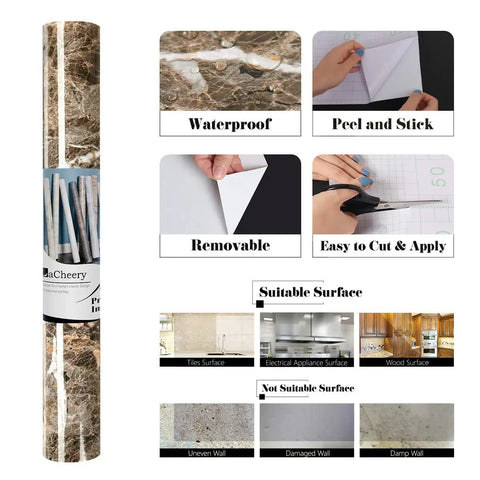 Product display showing Extra Wide 36 Inch By 160 Inch Light Emperador Marble Contact Paper with peel and stick feature.