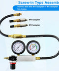 JoyFans cylinder leak-down tester kit with dual gauges, black hose, brass fittings, red valve, M10/M12 adapters