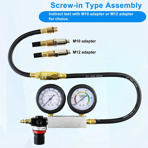 JoyFans cylinder leak-down tester kit with dual gauges, black hose, brass fittings, red valve, M10/M12 adapters