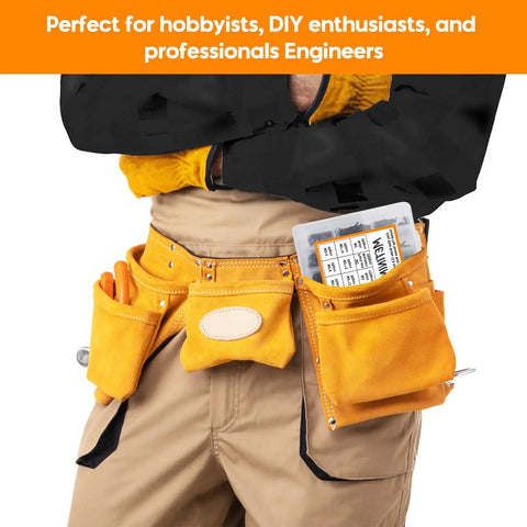 Person wearing a tool belt holding instructions for 1760 Piece Nuts And Bolts Kit With M2 M3 M4 M5 Screws and Hex Wrenches.