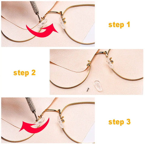 No Sweat Eyeglass Repair Kit With 18 Pairs Flexible Nose Pads, Precision Drivers, 100 Spare Screws, Fine Tweezers, Lint Free Microfiber Wipe, And Solid Travel Case For Specs And Sunglasses, eyewear repair steps demonstrated.