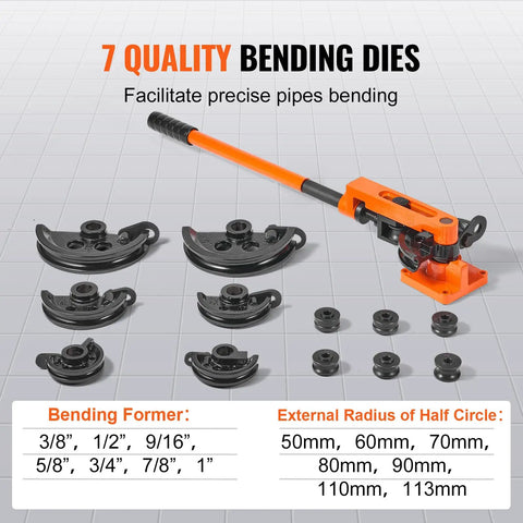VEVOR Manual Pipe Tube Bender For 3/8 To 1 Inch Od Copper And Aluminum Lines With Seven Bending Dies. Includes seven bending dies for precise tube shaping.