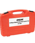 Red blow mold case for Deluxe 6 Pt Axle Nut Socket Set 9 Piece With Beefy Chrome Moly Sockets Impact Rated Black Oxide Finish.