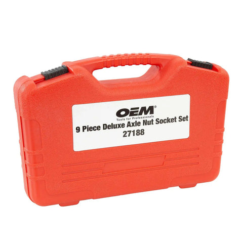 Red blow mold case for Deluxe 6 Pt Axle Nut Socket Set 9 Piece With Beefy Chrome Moly Sockets Impact Rated Black Oxide Finish.
