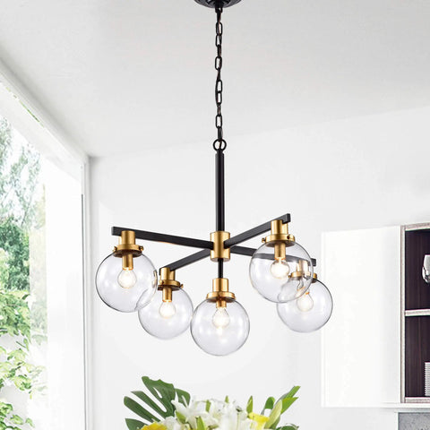 McKinnon 5 Light Matte Black And Gold Glass Globe Shades Chandelier With Dope Industrial Glam Orbs Carson Carrington Design ETL Listed