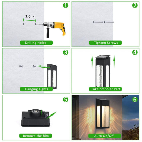 Installation steps for Solar Outdoor Lights 4 Pack with Metal Seeded Glass Fence and Wall Mounts Auto On Off Waterproof.