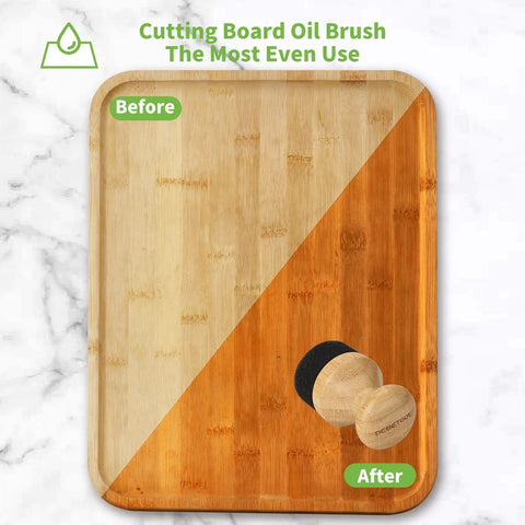 2 Pack Natural Bamboo Cutting Board Oil And Wax Applicator Set For Easy, Even Oiling And Long Lasting Wood Finish On Kitchen Boards, Perfect For DIY Finishing And Food Safe Maintenance. Bamboo oil brush shown on before and after cutting board