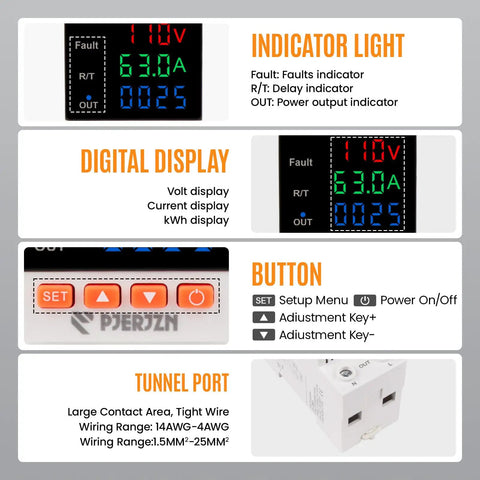 Keep Your Gear Chill And Protected From Rogue Power Spikes With This Adjustable Over And Under Voltage Protector Smart Circuit Breaker 110 To 230 Volt Ac 2P 63A display and controls overview.