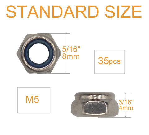 35 Pack M5 Self Locking Nylon Insert Nuts 0.8mm Pitch 5mm Height Stainless Steel Lock Nuts For Wheels 3D Printer Bike