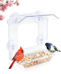 Window Bird Feeder With 4 Ultra Strong Suction Cups, Clear Dual Seed Tray with birds feeding, installed on window