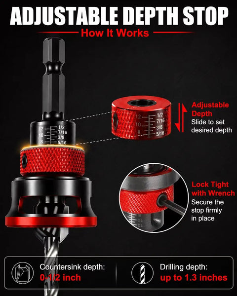 Hassle Free Premium Countersink Drill Bit Set With Adjustable Depth Stopper detailed view showing depth stop adjustment mechanism.